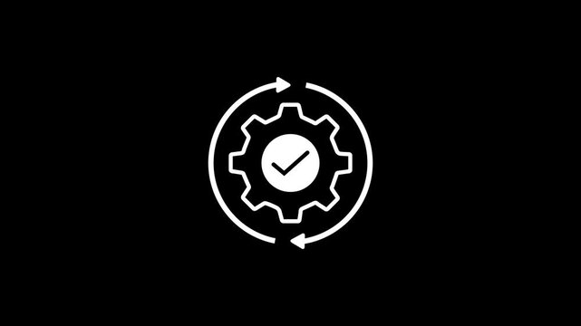 Minimalist white gear icon animation with rotating arrows and a central checkmark, symbolizing successful system update, synchronized process,motion graphics on black background. 4K Video,