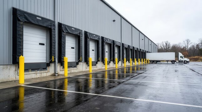 Logistics operations at a commercial warehouse with loading docks and freight trucks.