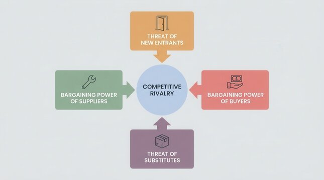 Five forces analysis model for evaluating suppliers, buyers, substitutes, and new entrants.