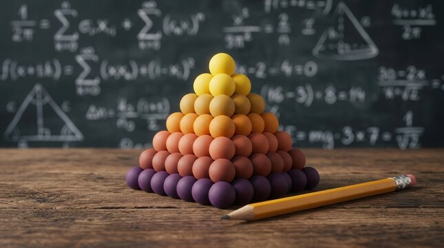 Educational concept of probability and statistics shown with colored marbles and a pencil on a chalkboard background.