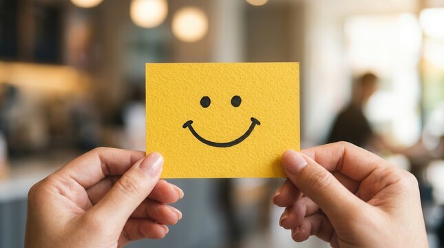 Symbolic representation of positive feedback and referral marketing through a yellow smiley face note.