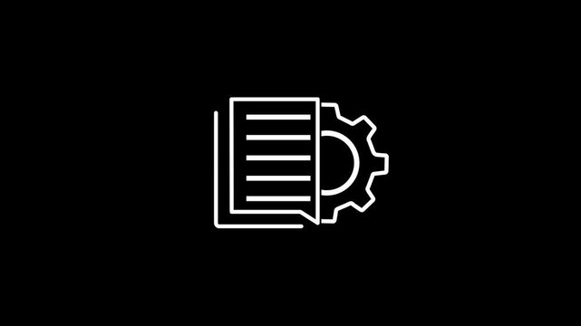 Minimalist white document and gear icon animation, representing system settings, file management, or technical configuration for motion graphics on black background.Animation on a Stock Video.