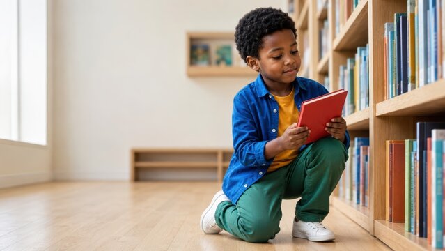 boy choosing red book in school library, kneeling by wooden bookshelf and looking at story with calm focus, concept of education services, libraries, book retailers