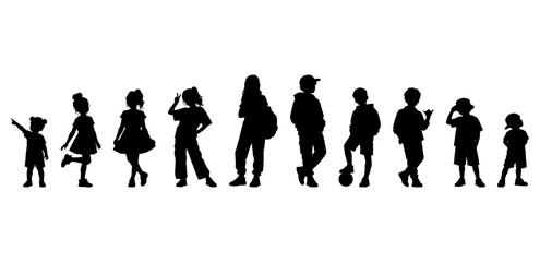 Obraz premium Vector illustration. A set of silhouettes of children of different ages. Teenagers. 