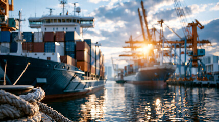 A cargo container ship moored at a bright harbor loading and unloading containers with cranes clean daylight container ship harbor containers cranes loading unloading