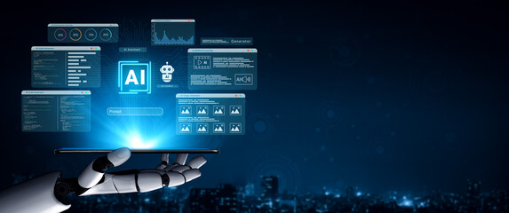 Naklejka premium AI integrating media, code, and image generation tools into a unified dashboard for creative automation and data-driven productivity Parse