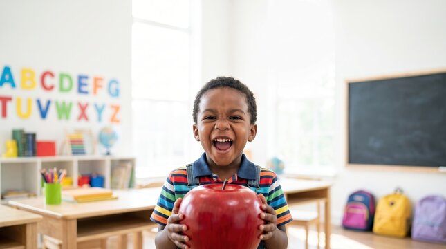 smiling school boy holding red apple and looking at camera in bright classroom with alphabet chart and chalkboard, concept of education services, school nutrition, school supplies