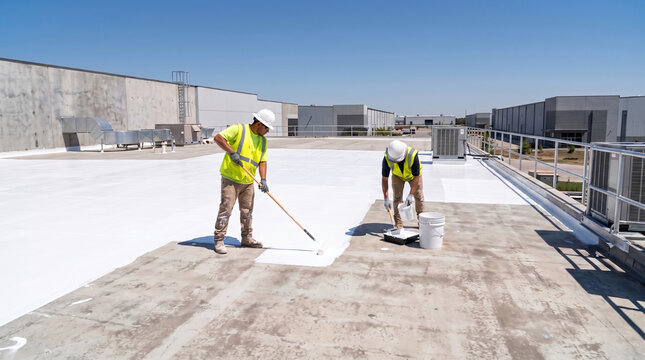 Two commercial roofing workers applying a white elastomeric reflective roof coating with paint rollers on a flat industrial building roof to improve energy efficiency and seal the surface on a clear, 
