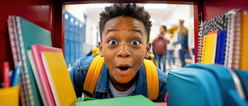 school boy looking at camera with surprised expression inside open locker filled with colorful notebooks and supplies, students blurred in hallway, concept of education services, back to school retail