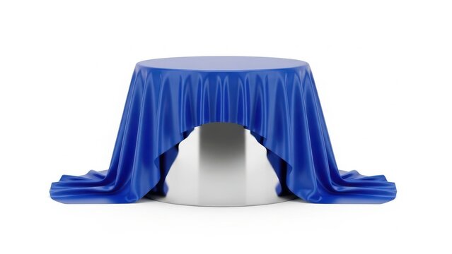 Blue draped table with hidden object
