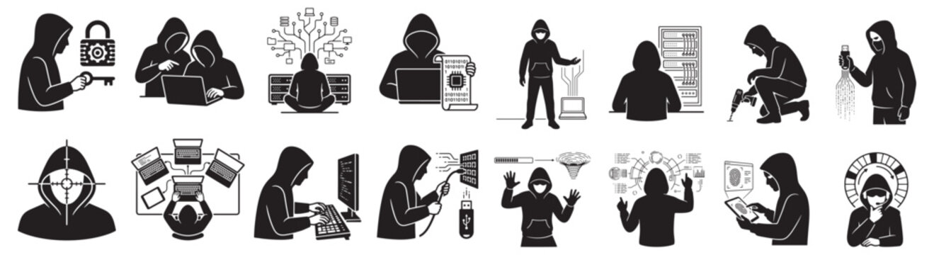 Hacker Icons and Cybersecurity Concepts Representing Hacking, Data Breach and Network Threats