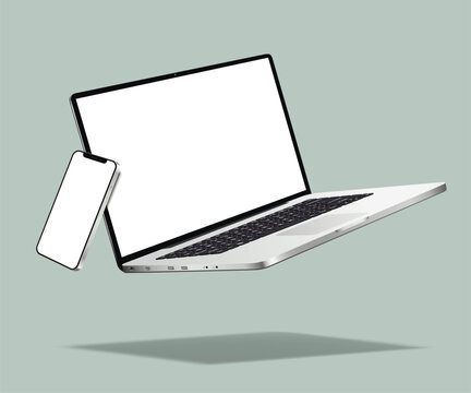 Realistic smartphone mockup with levitation laptop computer