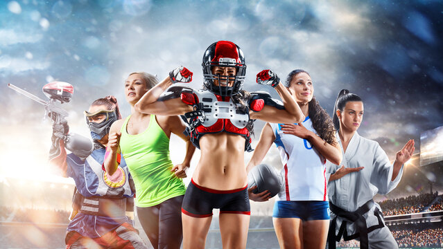A multi-sport collage depicting various sports and hobbies. Athletes in a beautiful, large stadium full of fans. A collage of several sports.