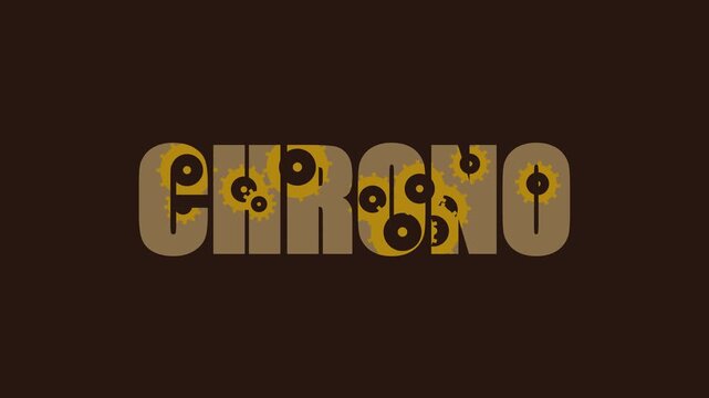 Chrono animated typography with rotating mechanical gears and industrial clockwork motion animation 4k