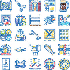 Fototapeta premium Hand drawn icon set collection presenting various concepts and themes including digital security, community, health, leisure, travel, and logistics in a doodle style