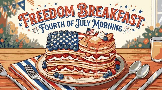 Patriotic pancake stack breakfast illustration for fourth of july celebration
