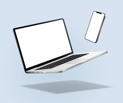 Falling laptop computer with modern smartphone mockup