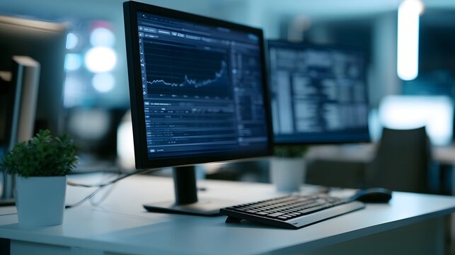Modern office workspace featuring dual computer monitors displaying financial charts and data analytics on a clean desk with keyboard and potted