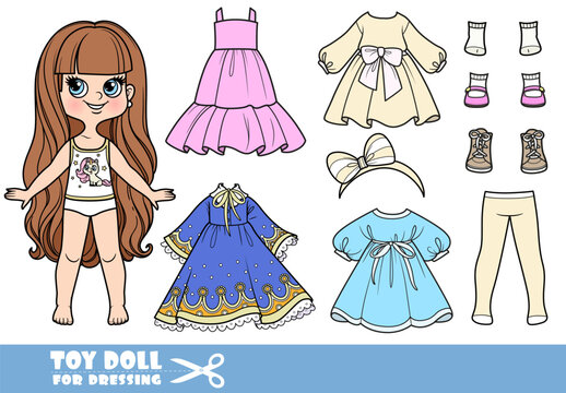 Cartoon long haired brunette girl and clothes separately -  dresses, ltights, shoes and boots
