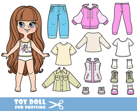 Cartoon long haired brunette girl and clothes separately -  sweatpants, long sleeve, jeans and sneakers