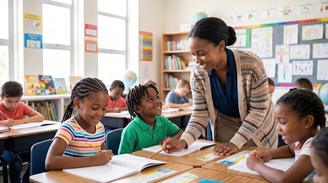 Smiling teacher helping diverse elementary students with writing in a bright classroom, primary school learning scene for back to school education, tutoring, enrollment banners and ads