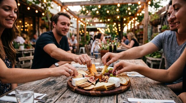 Friends enjoying a cheese board and drinks outdoors at a restaurant with string lights