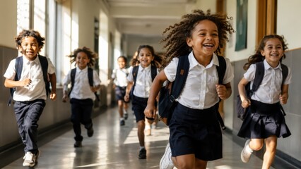 Fototapeta premium children running through school hallway in uniforms with backpacks, laughing during active morning school day