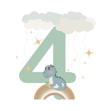 Cute baby dragon sitting on rainbow with number 4, clouds and stars. Vector illustration for kids 4th birthday party decoration, invitation card