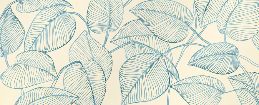 Premium art background with blue leaves in line style. Botanical pattern for wallpaper, decor, prints, textiles, posters, and packaging.