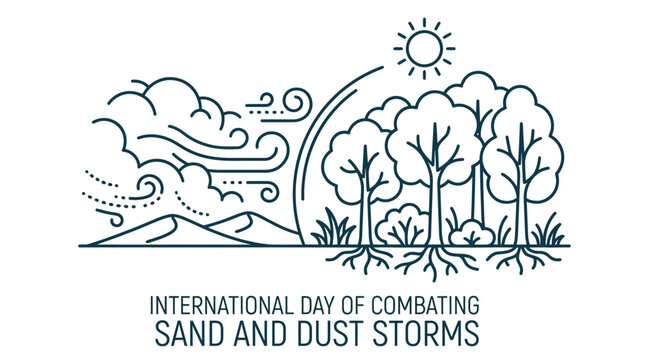 Line Illustration Of Trees And Wind With Text About Dust Storms