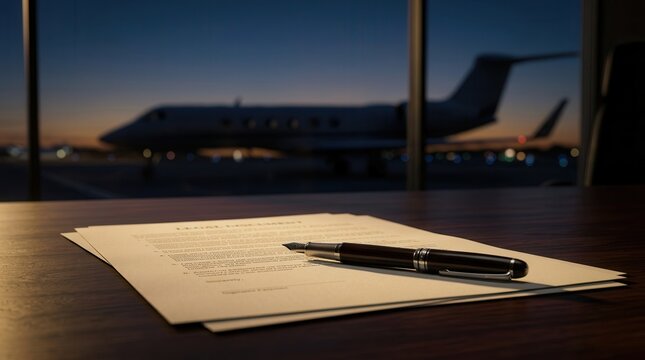 Premium asset dispute concept featuring legal documents and a private jet silhouette at sunset.