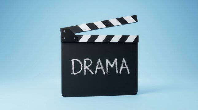 Movie production clapperboard with drama text written in chalk against blue