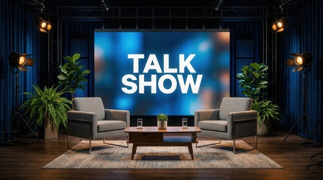 Empty television studio set with armchairs, coffee table, and a large talk show backdrop.