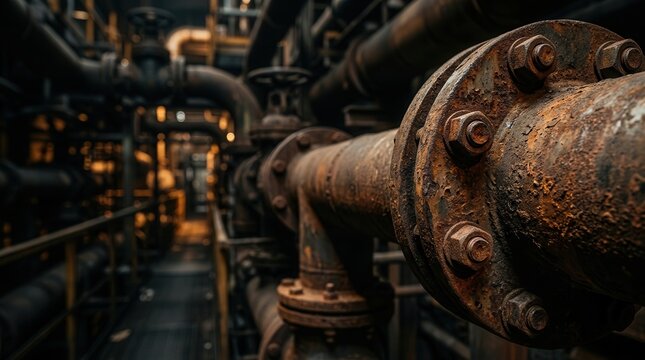 Macro shot of rusty industrial piping systems with weathered flanges and large bolts.