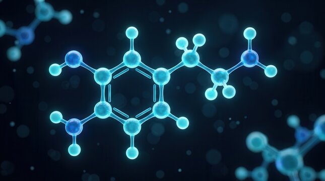 Neuroscience concept featuring a glowing blue dopamine molecule 3D structure and happiness symbolism.