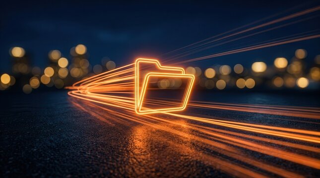 High-speed secure document transfer shown by a glowing file icon on a digital path in a dark tech setting.