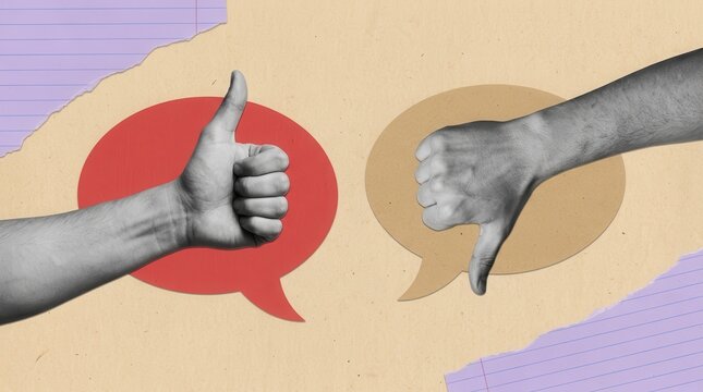 Conceptual imagery of human hands showing thumbs up and thumbs down signals on a colorful background.