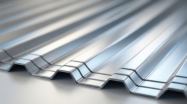 Macro shot of corrugated metal roofing sheets with a shiny reflective texture