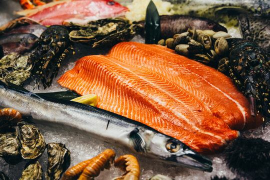 Salmon and different seafood on sale at the market.