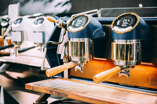 Professional coffee machine ready for service in a bar of coffee shop.