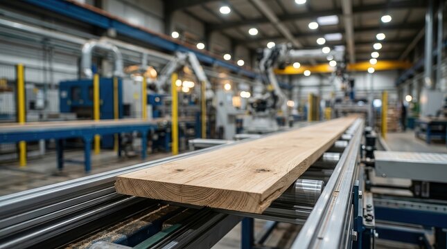 A production line in a modern woodworking factory with automated machinery and raw lumber.