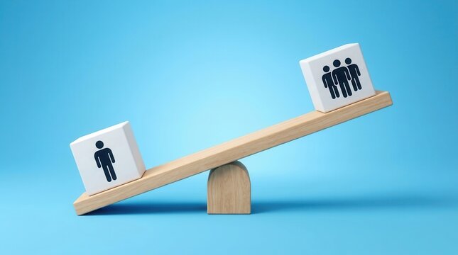 Social inequality concept featuring a wooden seesaw with an individual on one side and a group on the other.