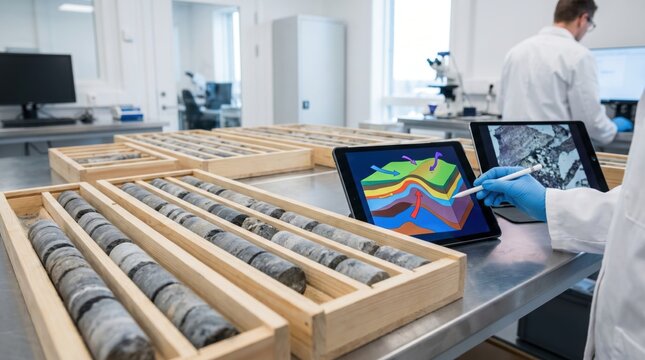 Geologist analyzing a digital 3D block model on a tablet next to wooden boxes of rock core samples