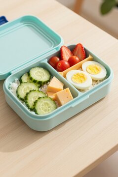 healthy packed lunch with vegetables, boiled eggs, and cheese in a turquoise lunchbox
