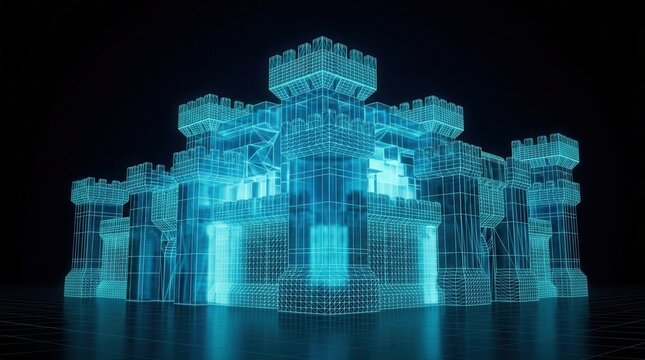 Translucent blue light blocks forming a digital fortress structure with geometric design.