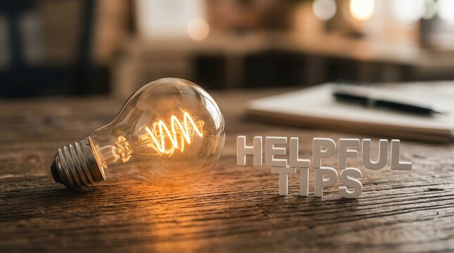 Helpful tips written in white letters next to a bright lightbulb on a rustic wooden desk surface.