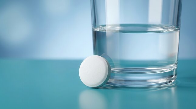 Medical sublingual tablet placed on a sterile glass tabletop with a glass of pure water.