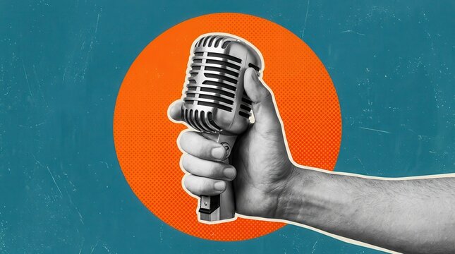 Human hand grasping a vintage silver microphone on a textured blue and orange collage art background.