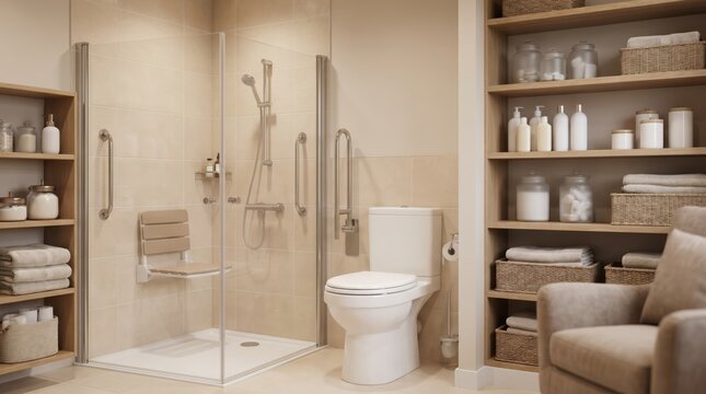 Modern accessible bathroom interior with a walk in shower folding seat and safety grab bars