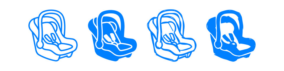 Set of four blue baby car seat illustrations in various styles, from simple outlines to filled icons. Perfect for parenting, travel, and child safety themes. © Nort Kor